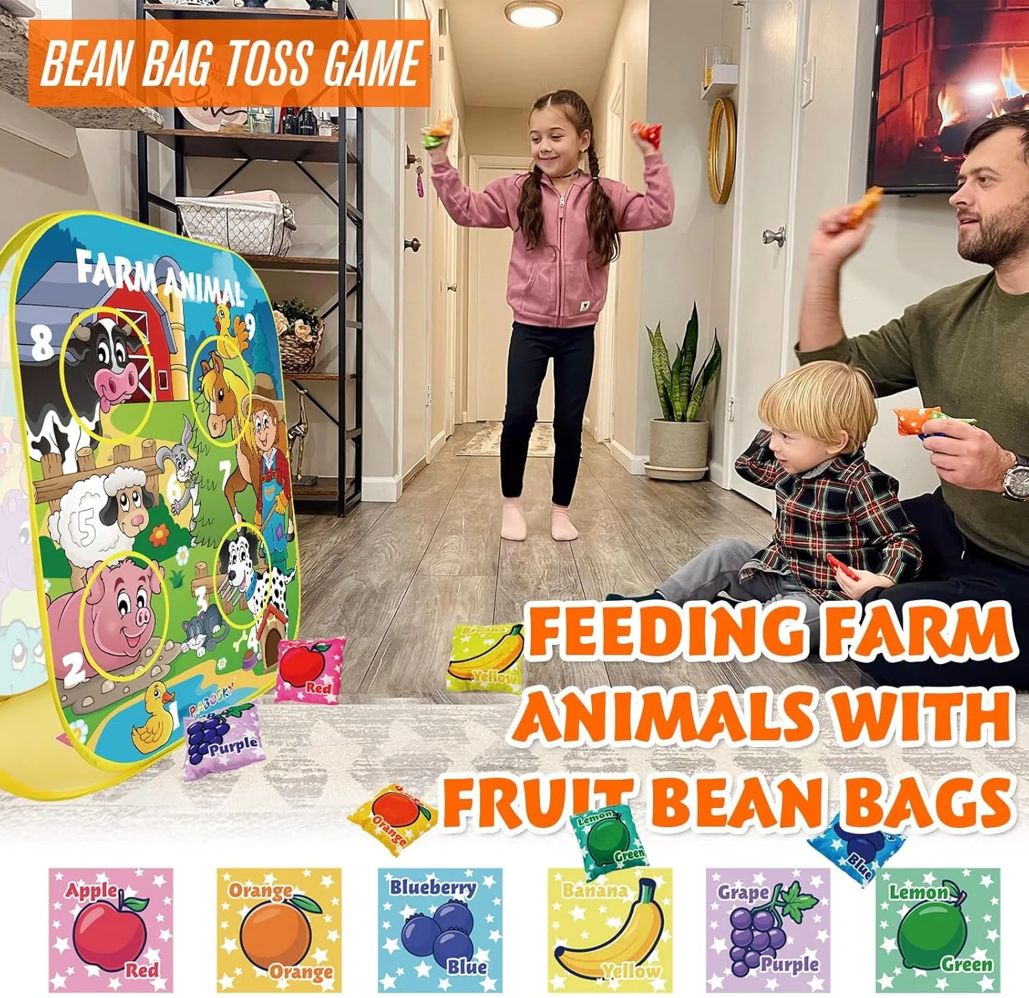 3-in-1 Farm Animals Bean Bags Toss Axes Throwing Sticky Balls Game for Kids 2 3 4 5 Years Old Toddlers Indoor Outdoor Sports Toys Gifts for Boys Birthday Valentines Easter Christmas Stocking Stuffer