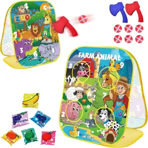 3-in-1 Farm Animals Bean Bags Toss Axes Throwing Sticky Balls Game for Kids 2 3 4 5 Years Old Toddlers Indoor Outdoor Sports Toys Gifts for Boys Birthday Valentines Easter Christmas Stocking Stuffer