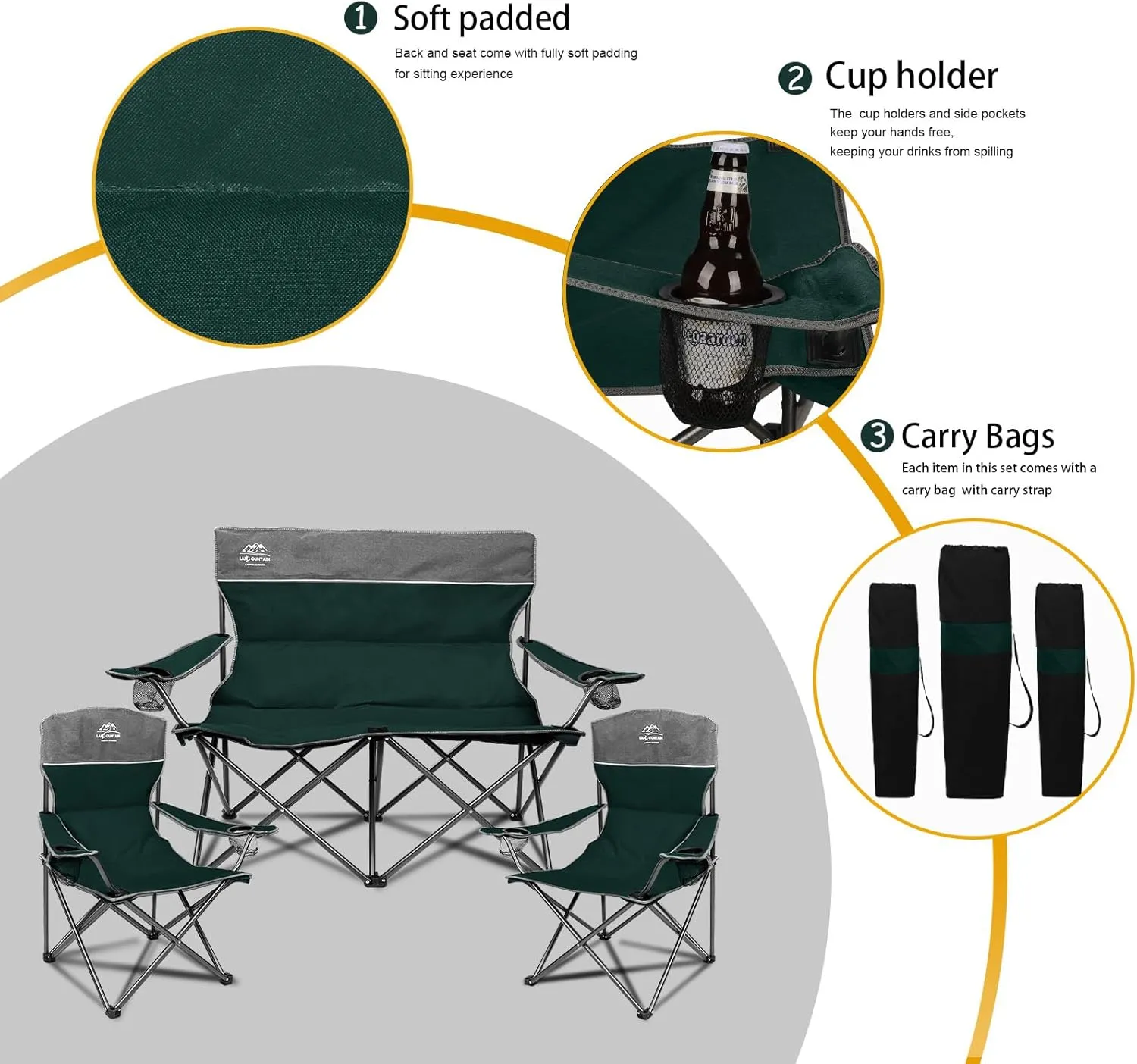 3 Piece Portable Camping Chairs Set,Folding Lawn Chair Set with Cup Holder,Outdoor Heavy Duty Comfy Chairs,Loveseat Chair Perfect for Family Hiking,Picnics and Beach Trips,Dark Green