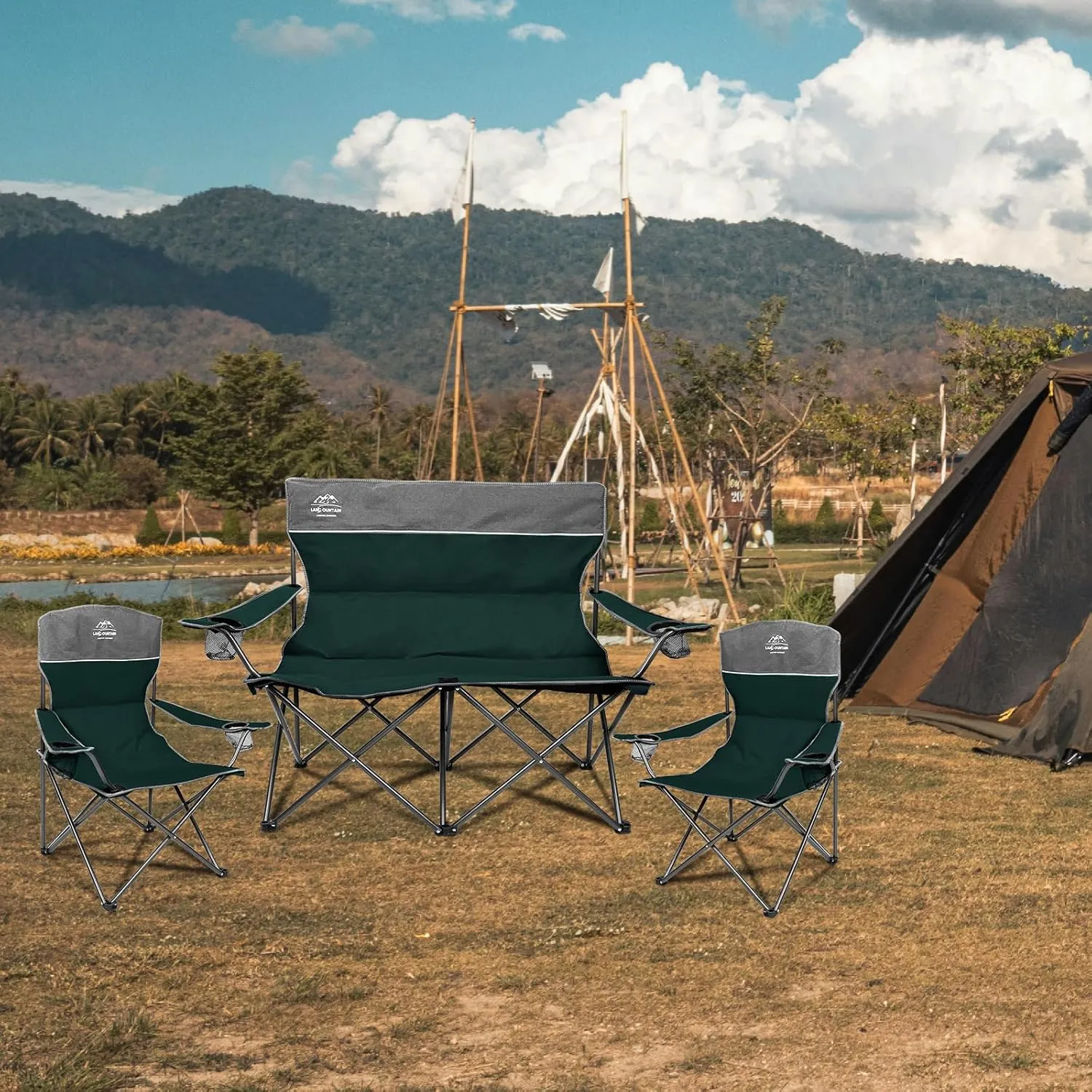 3 Piece Portable Camping Chairs Set,Folding Lawn Chair Set with Cup Holder,Outdoor Heavy Duty Comfy Chairs,Loveseat Chair Perfect for Family Hiking,Picnics and Beach Trips,Dark Green