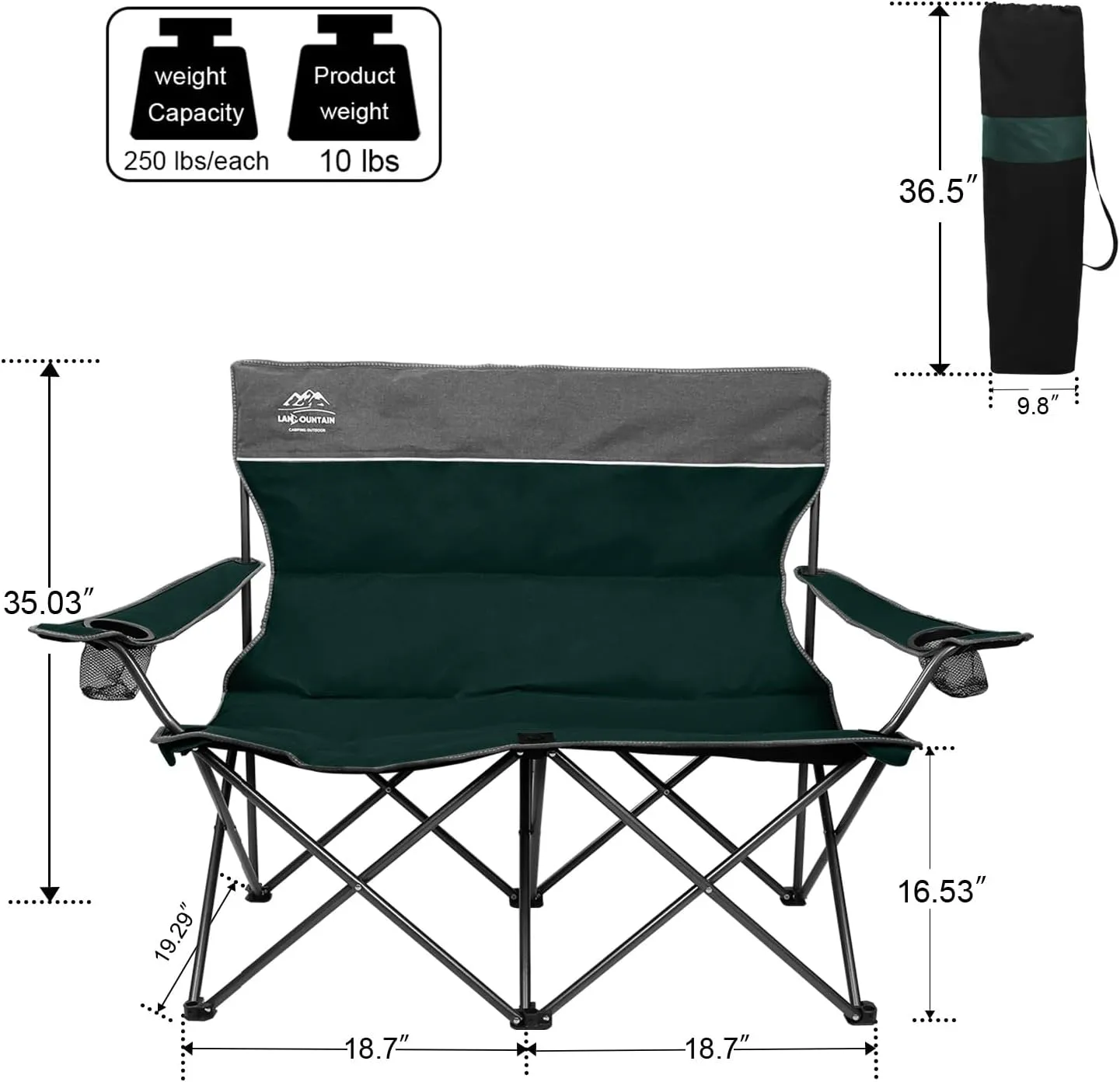 3 Piece Portable Camping Chairs Set,Folding Lawn Chair Set with Cup Holder,Outdoor Heavy Duty Comfy Chairs,Loveseat Chair Perfect for Family Hiking,Picnics and Beach Trips,Dark Green