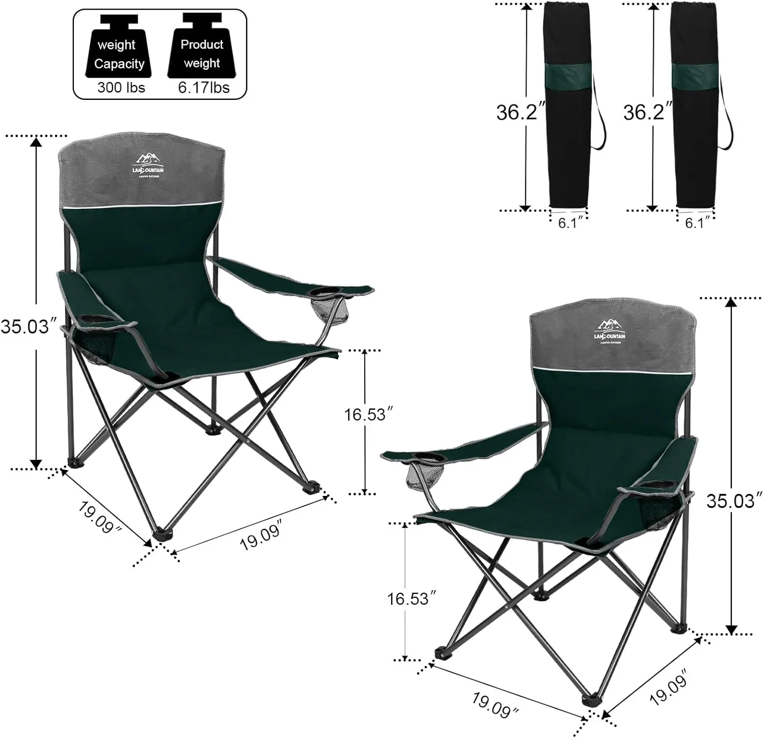 3 Piece Portable Camping Chairs Set,Folding Lawn Chair Set with Cup Holder,Outdoor Heavy Duty Comfy Chairs,Loveseat Chair Perfect for Family Hiking,Picnics and Beach Trips,Dark Green
