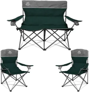 3 Piece Portable Camping Chairs Set,Folding Lawn Chair Set with Cup Holder,Outdoor Heavy Duty Comfy Chairs,Loveseat Chair Perfect for Family Hiking,Picnics and Beach Trips,Dark Green