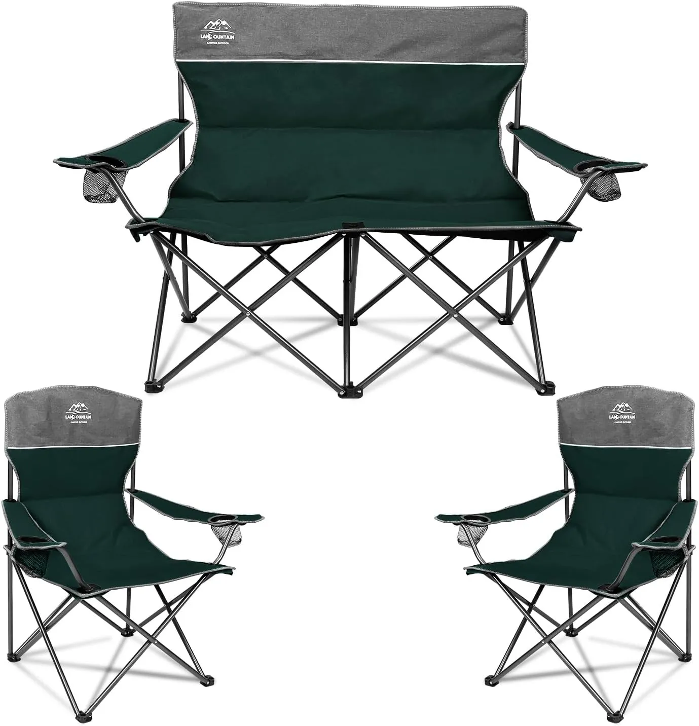 3 Piece Portable Camping Chairs Set,Folding Lawn Chair Set with Cup Holder,Outdoor Heavy Duty Comfy Chairs,Loveseat Chair Perfect for Family Hiking,Picnics and Beach Trips,Dark Green