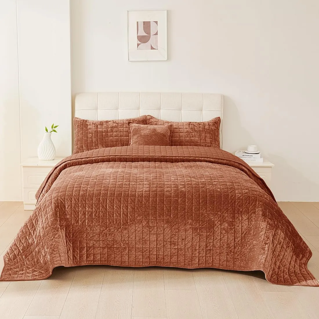 3 Pieces Luxurious Velvet California King Quilts Set 106x118 Bedspread Coverlet Quilted Bedding Set with 2 Pillow Shams 20x36 Ultra Soft Comforter for All Season, Rust