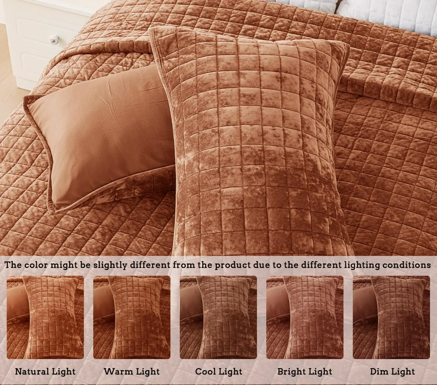 3 Pieces Luxurious Velvet California King Quilts Set 106x118 Bedspread Coverlet Quilted Bedding Set with 2 Pillow Shams 20x36 Ultra Soft Comforter for All Season, Rust