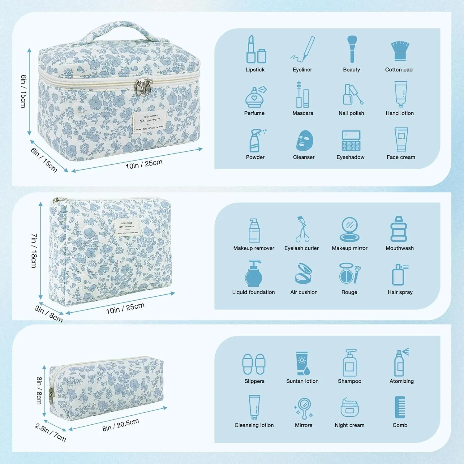 3 Sizes Pcs Cotton Quilted Makeup Bag Set, Travel Toiletry Personalized Cute Blue Floral Cosmetic Makeup Bag Extra Large Small Organizer Bags (Red Cherry)