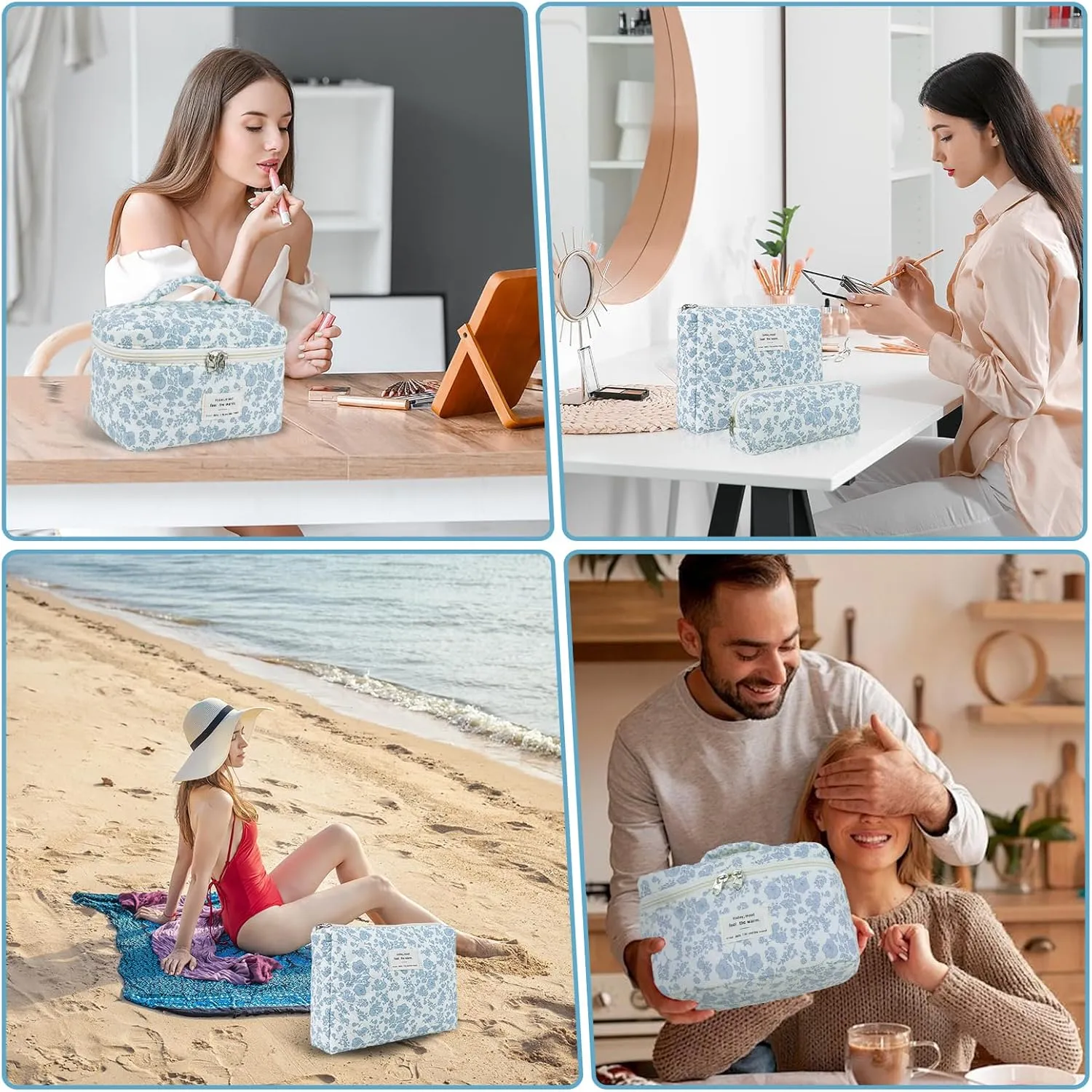 3 Sizes Pcs Cotton Quilted Makeup Bag Set, Travel Toiletry Personalized Cute Blue Floral Cosmetic Makeup Bag Extra Large Small Organizer Bags (Red Cherry)