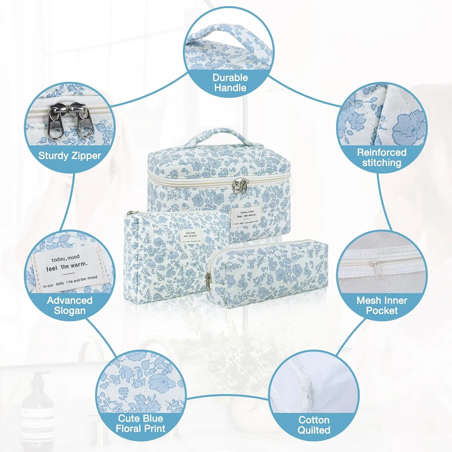 3 Sizes Pcs Cotton Quilted Makeup Bag Set, Travel Toiletry Personalized Cute Blue Floral Cosmetic Makeup Bag Extra Large Small Organizer Bags (Red Cherry)