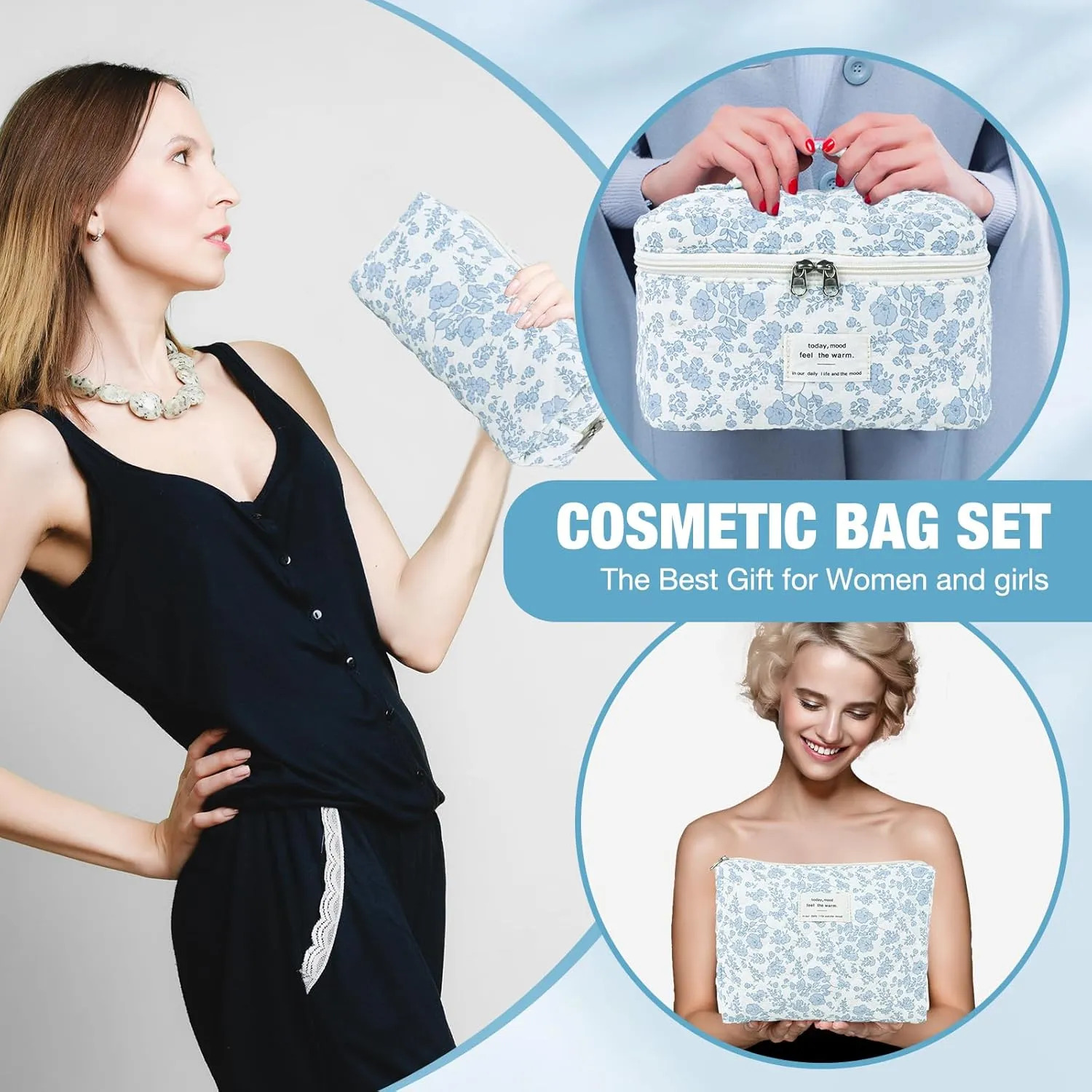 3 Sizes Pcs Cotton Quilted Makeup Bag Set, Travel Toiletry Personalized Cute Blue Floral Cosmetic Makeup Bag Extra Large Small Organizer Bags (Red Cherry)
