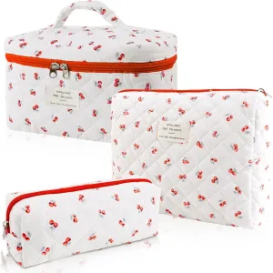 3 Sizes Pcs Cotton Quilted Makeup Bag Set, Travel Toiletry Personalized Cute Blue Floral Cosmetic Makeup Bag Extra Large Small Organizer Bags (Red Cherry)