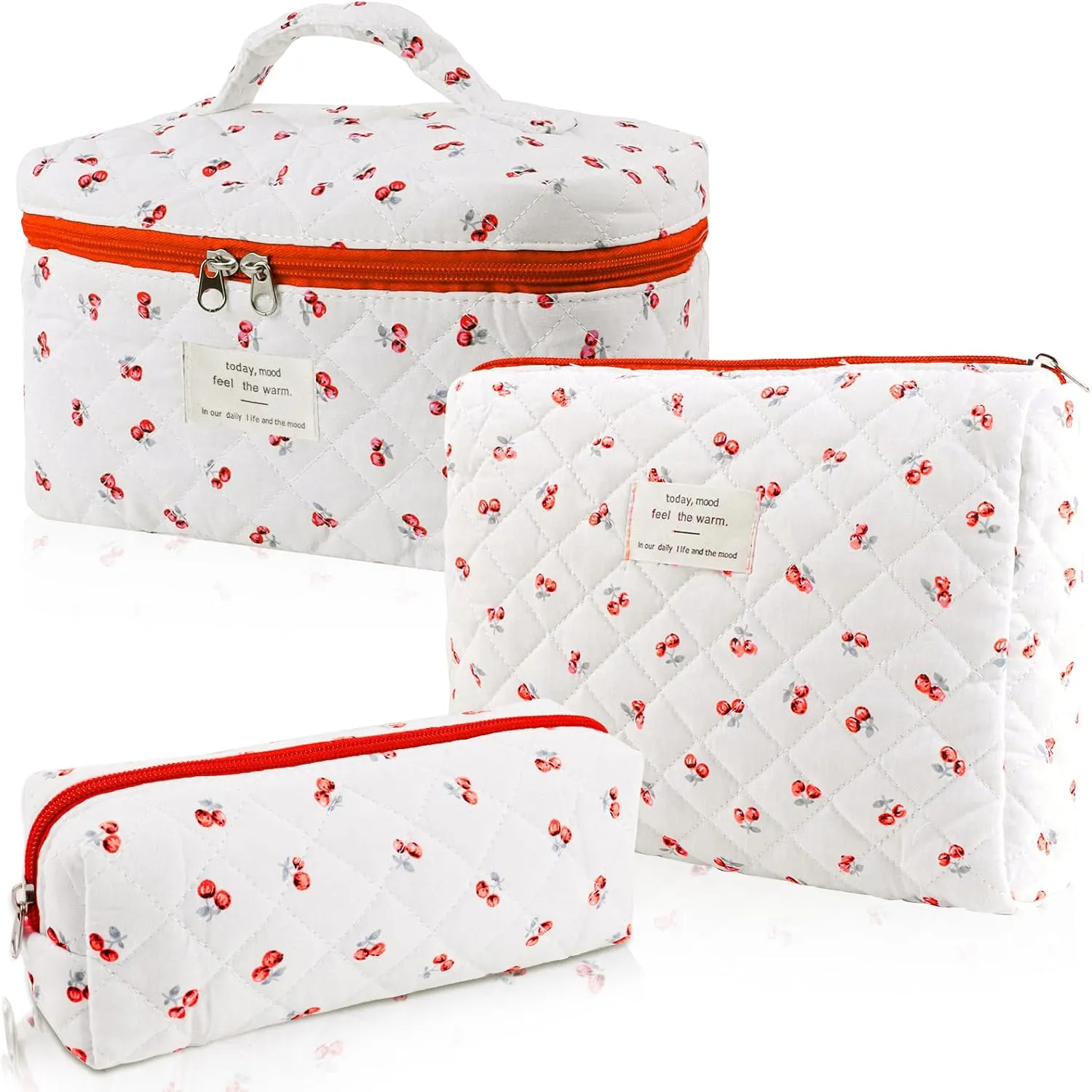 3 Sizes Pcs Cotton Quilted Makeup Bag Set, Travel Toiletry Personalized Cute Blue Floral Cosmetic Makeup Bag Extra Large Small Organizer Bags (Red Cherry)