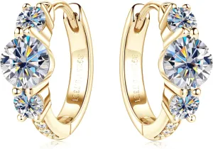 3 Stone Moissanite Hoop Earrings, 925 Sterling Silver Hypoallergenic Huggie Earrings for Women, D Color VVS1 Lab Created Imitation Diamond Round Cut Jewelry Gifts