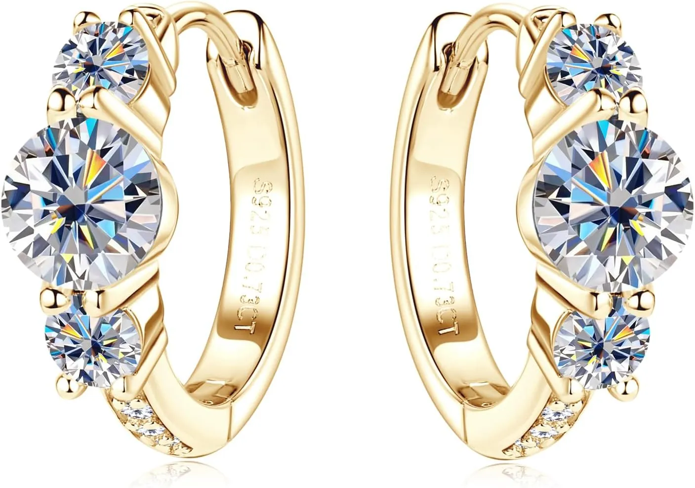 3 Stone Moissanite Hoop Earrings, 925 Sterling Silver Hypoallergenic Huggie Earrings for Women, D Color VVS1 Lab Created Imitation Diamond Round Cut Jewelry Gifts