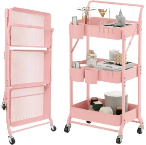 3-Tier Folding Rolling Utility Cart with Wheels, Foldable Storage Cart Organizer with 3 Hanging Cups & 6 Hooks for Kitchen, Office, Living Room, Nursery(Pink)