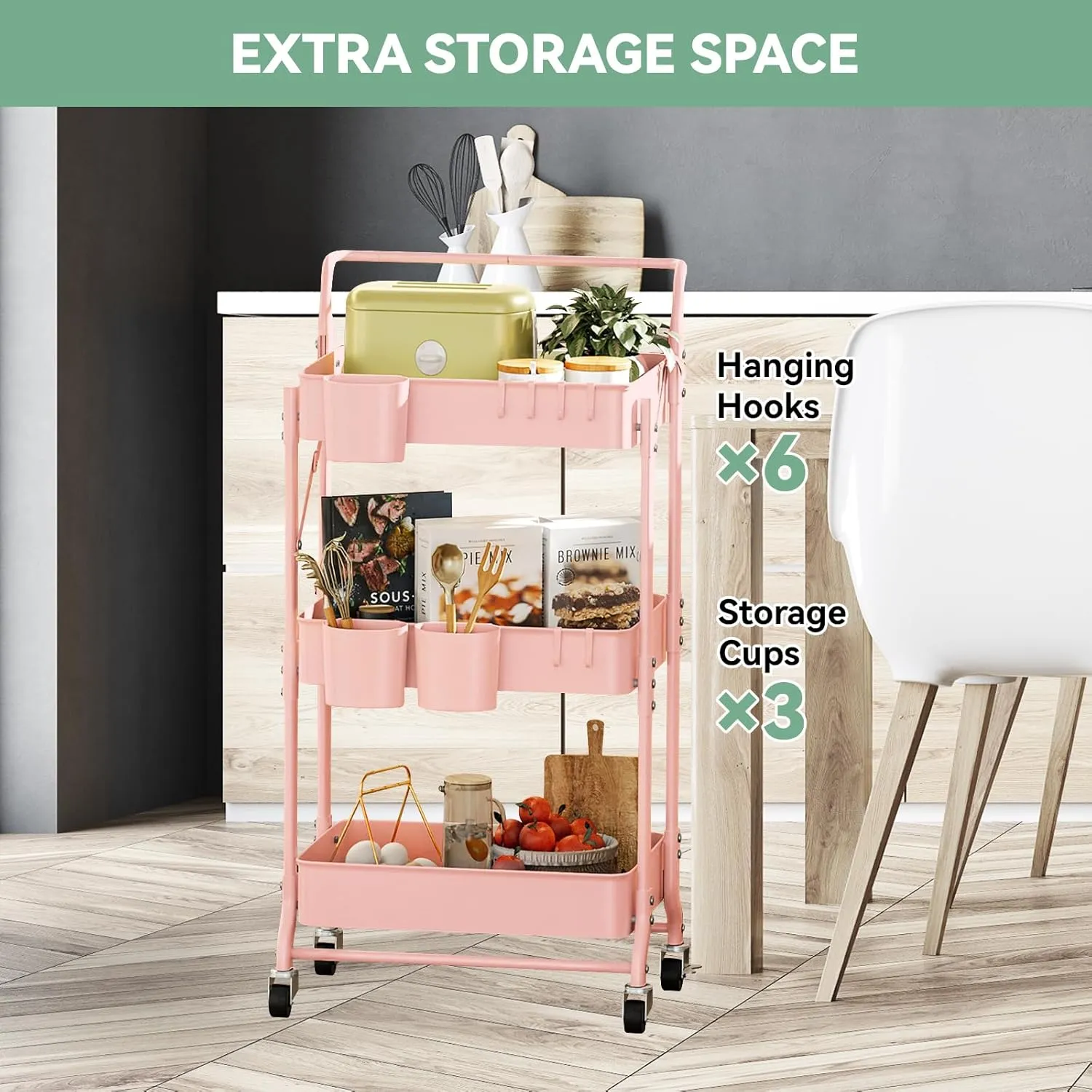 3-Tier Folding Rolling Utility Cart with Wheels, Foldable Storage Cart Organizer with 3 Hanging Cups & 6 Hooks for Kitchen, Office, Living Room, Nursery(Pink)