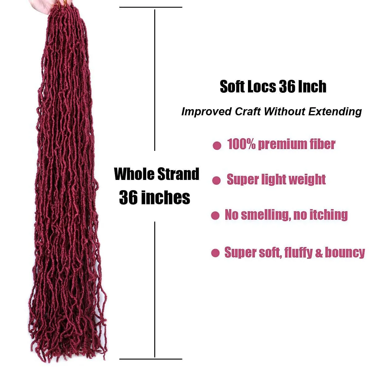 36 Inch 7 Packs Soft Locs BUG Red Color Burgundy Crochet Hair Whole Strand No Extended Long New Faux Locs Pre-looped Super Lightweight Synthetic Hair Braids For Black Women (36inch, 7packs, BUG)