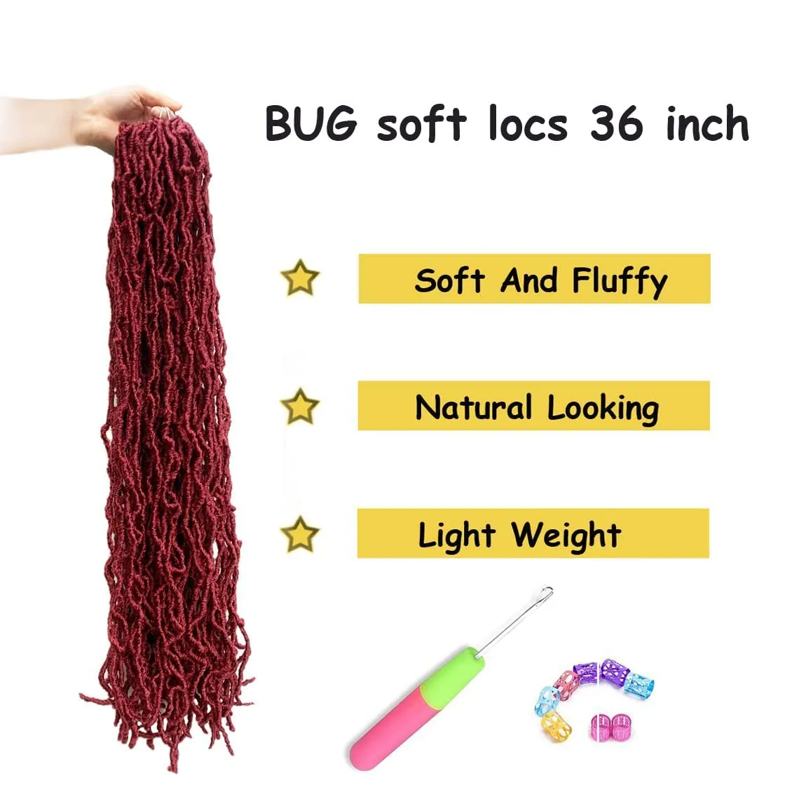 36 Inch 7 Packs Soft Locs BUG Red Color Burgundy Crochet Hair Whole Strand No Extended Long New Faux Locs Pre-looped Super Lightweight Synthetic Hair Braids For Black Women (36inch, 7packs, BUG)