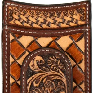 3D Men's Tan Checkered Basketweave & Floral Tooled Money Clip Card Case