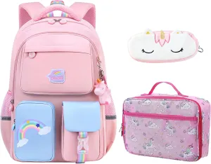 3Pcs Girl Unicorn Backpack Set, Kids School Backpack, Cute School Bookbag For Girl, With Lunchbag And Pencilcase,Pink