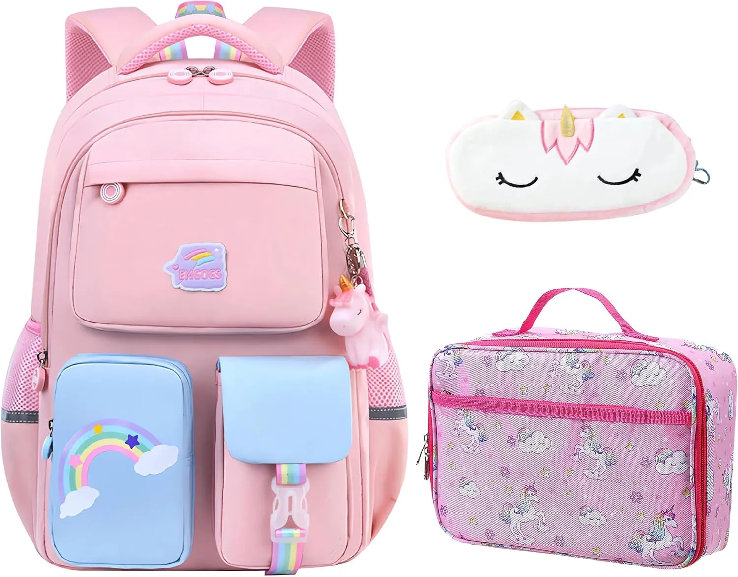 3Pcs Girl Unicorn Backpack Set, Kids School Backpack, Cute School Bookbag For Girl, With Lunchbag And Pencilcase,Pink
