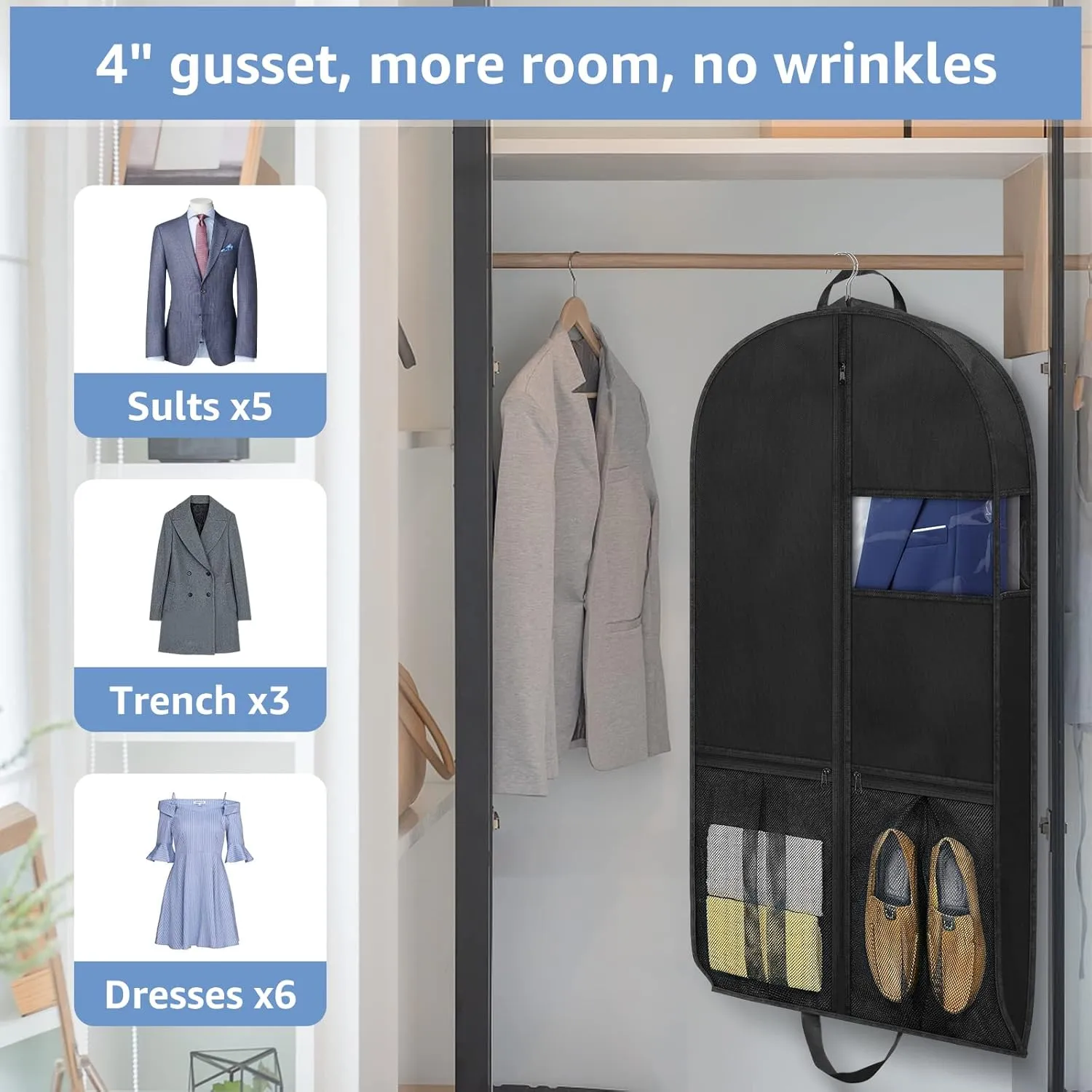43" Garment Bags Heavy Duty Suit Bags for Travel Hanging Clothes Closet Storage, 4" Gussetes with Pockets and 2 Carry Handles, Protector for Coat, Dress, Jacket, Shirts, 3 Packs