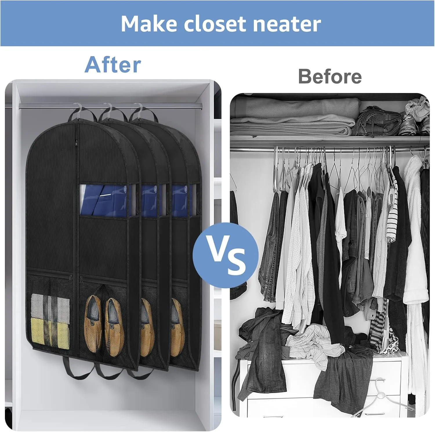 43" Garment Bags Heavy Duty Suit Bags for Travel Hanging Clothes Closet Storage, 4" Gussetes with Pockets and 2 Carry Handles, Protector for Coat, Dress, Jacket, Shirts, 3 Packs