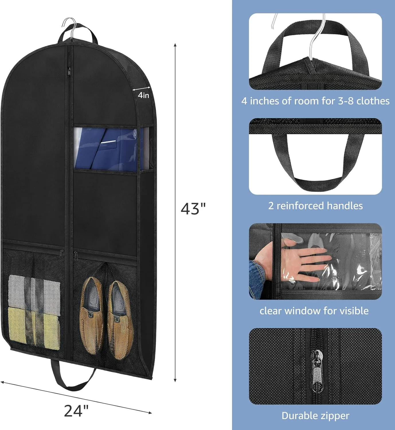 43" Garment Bags Heavy Duty Suit Bags for Travel Hanging Clothes Closet Storage, 4" Gussetes with Pockets and 2 Carry Handles, Protector for Coat, Dress, Jacket, Shirts, 3 Packs