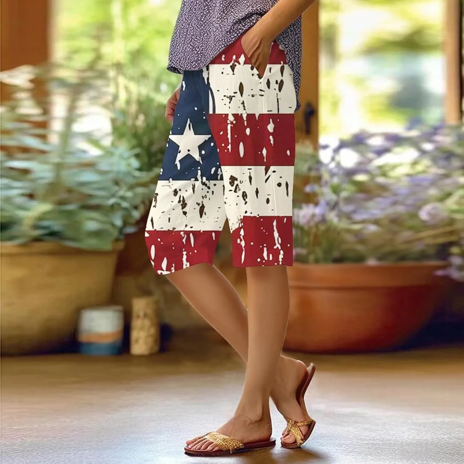 4th of July Pants for Beach Vacation Women Patriotic Straight Leg Elastic Waist Linen Shorts Women Summer Clothes