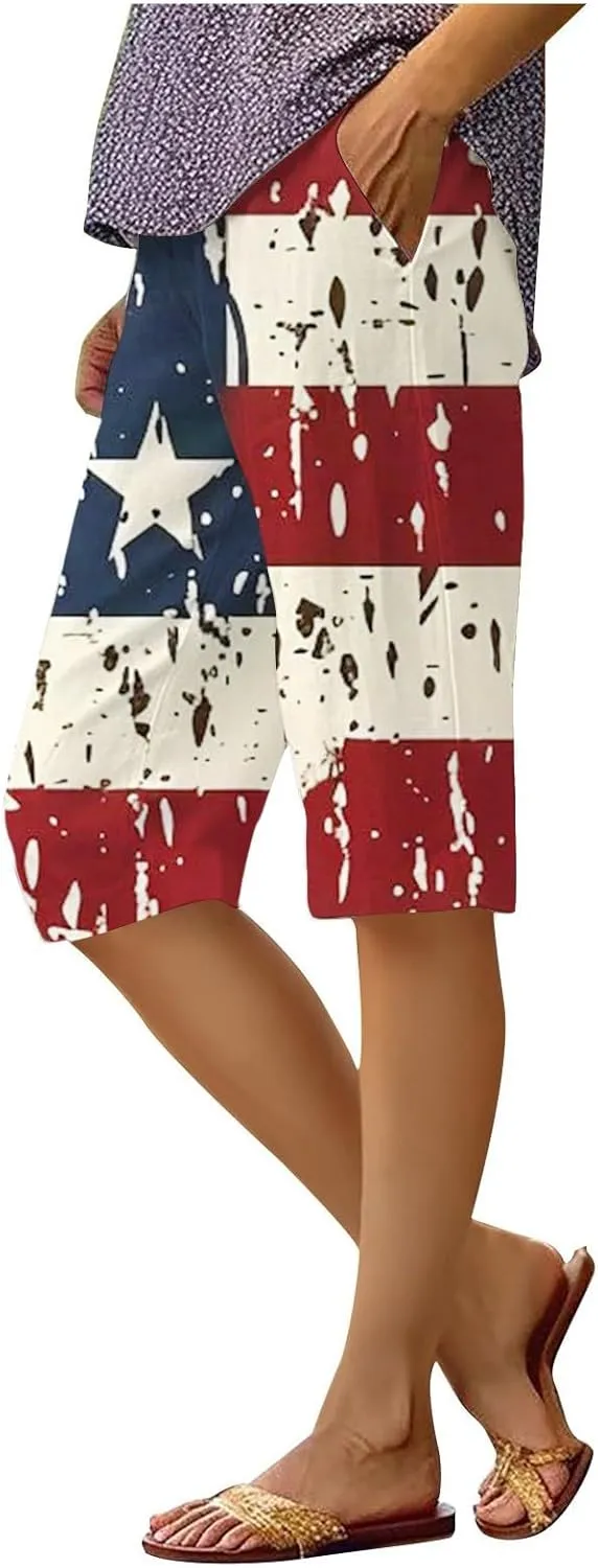 4th of July Pants for Beach Vacation Women Patriotic Straight Leg Elastic Waist Linen Shorts Women Summer Clothes