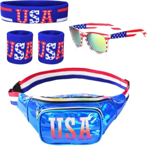 4th of July Patriotic Holographic Fanny Pack Kits, Independence Day Accessories USA Glasses & Sweatband Set for Party (USA Letter)