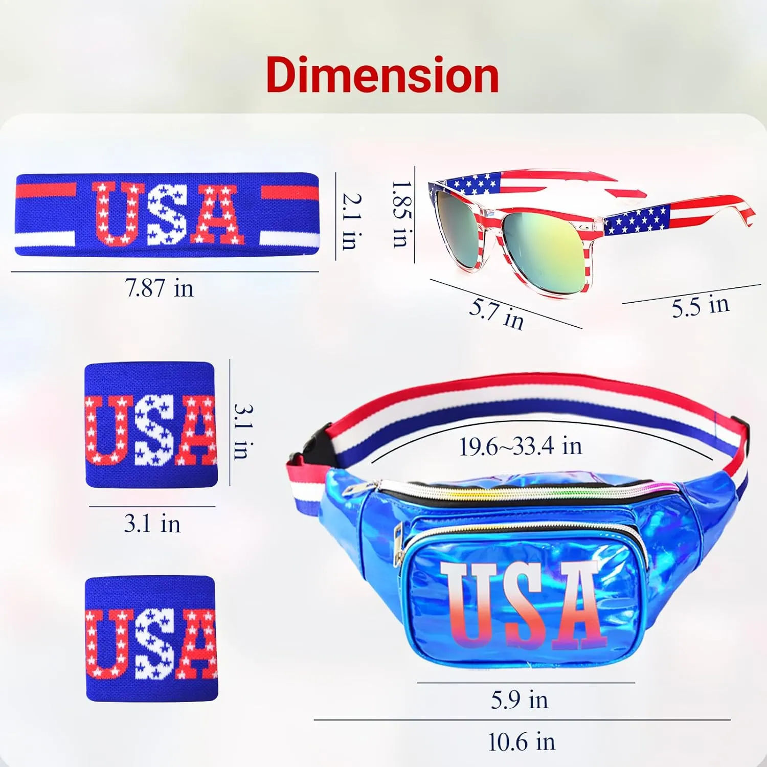 4th of July Patriotic Holographic Fanny Pack Kits, Independence Day Accessories USA Glasses & Sweatband Set for Party (USA Letter)