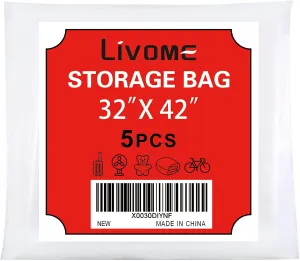 5 Pack 3242 inches Clear Plastic Storage Bags Dustproof Moistureproof Jumbo Moving and storage bag for Blanket Clothes and Big Plush Toys Luggage, Suitcase, Comforter, Chair, Kids Bike,Reusable