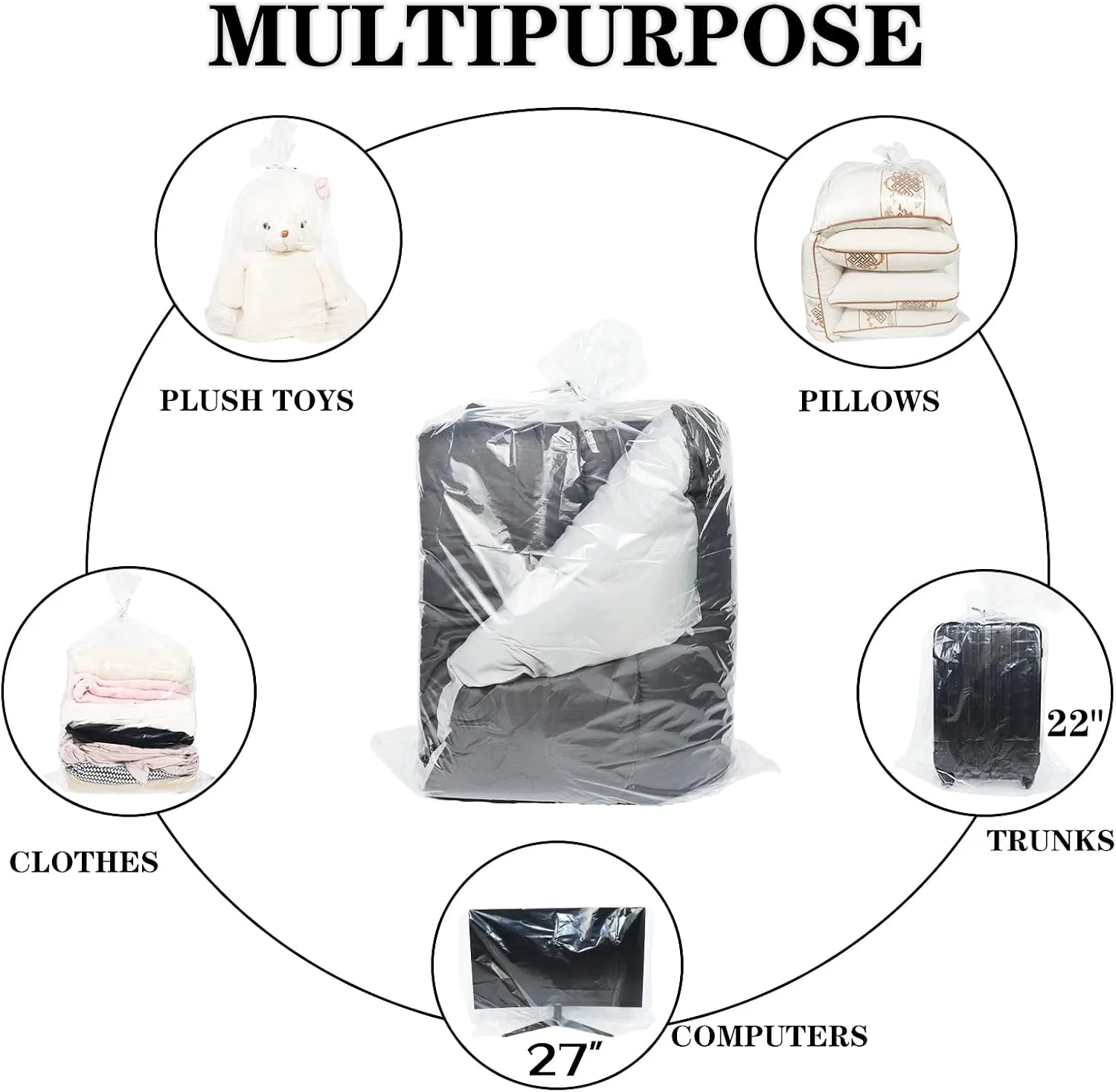 5 Pack 3242 inches Clear Plastic Storage Bags Dustproof Moistureproof Jumbo Moving and storage bag for Blanket Clothes and Big Plush Toys Luggage, Suitcase, Comforter, Chair, Kids Bike,Reusable