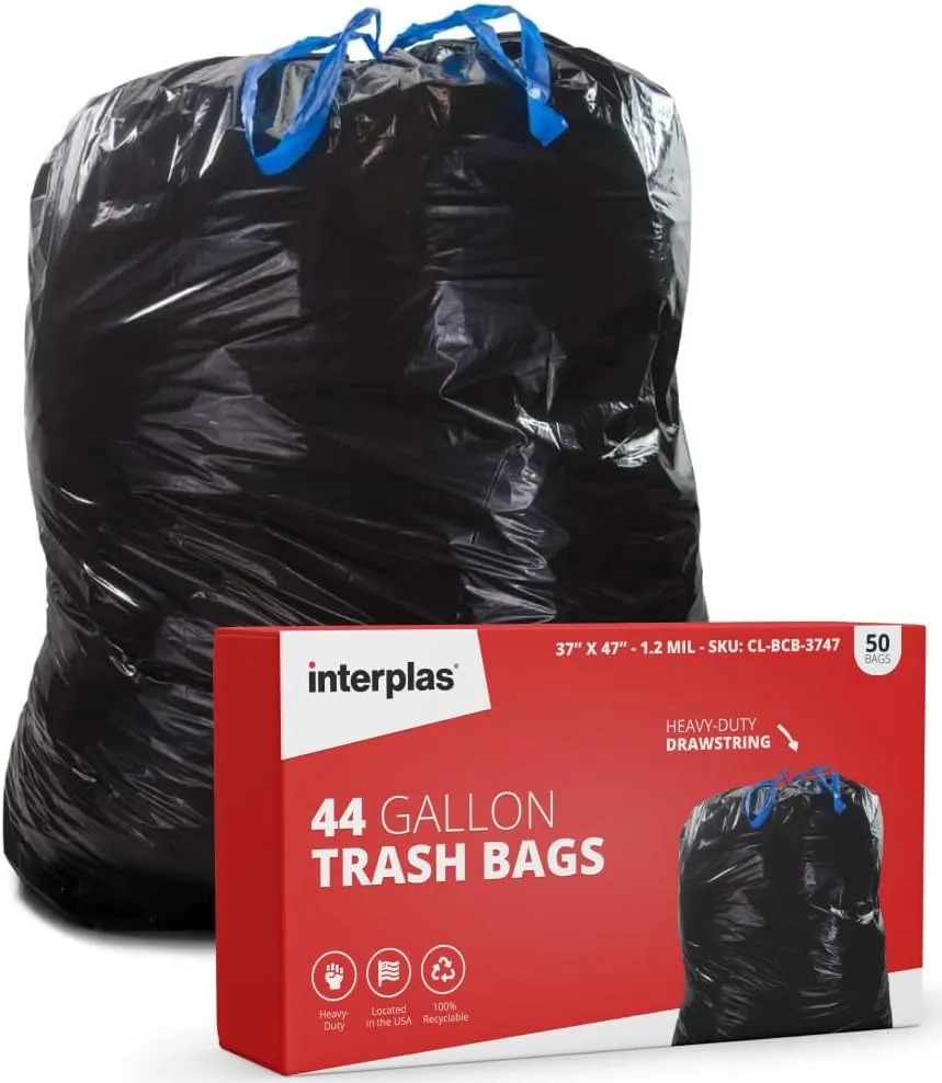 (50 Count) 44 Gallon Trash Bags with Drawstring, Black Heavy-Duty 44 Gallon Garbage Bags for Yard Waste, Construction Waste, Commercial Kitchen Waste - by Interplas