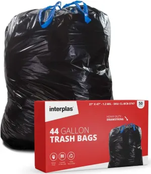 (50 Count) 44 Gallon Trash Bags with Drawstring, Black Heavy-Duty 44 Gallon Garbage Bags for Yard Waste, Construction Waste, Commercial Kitchen Waste - by Interplas