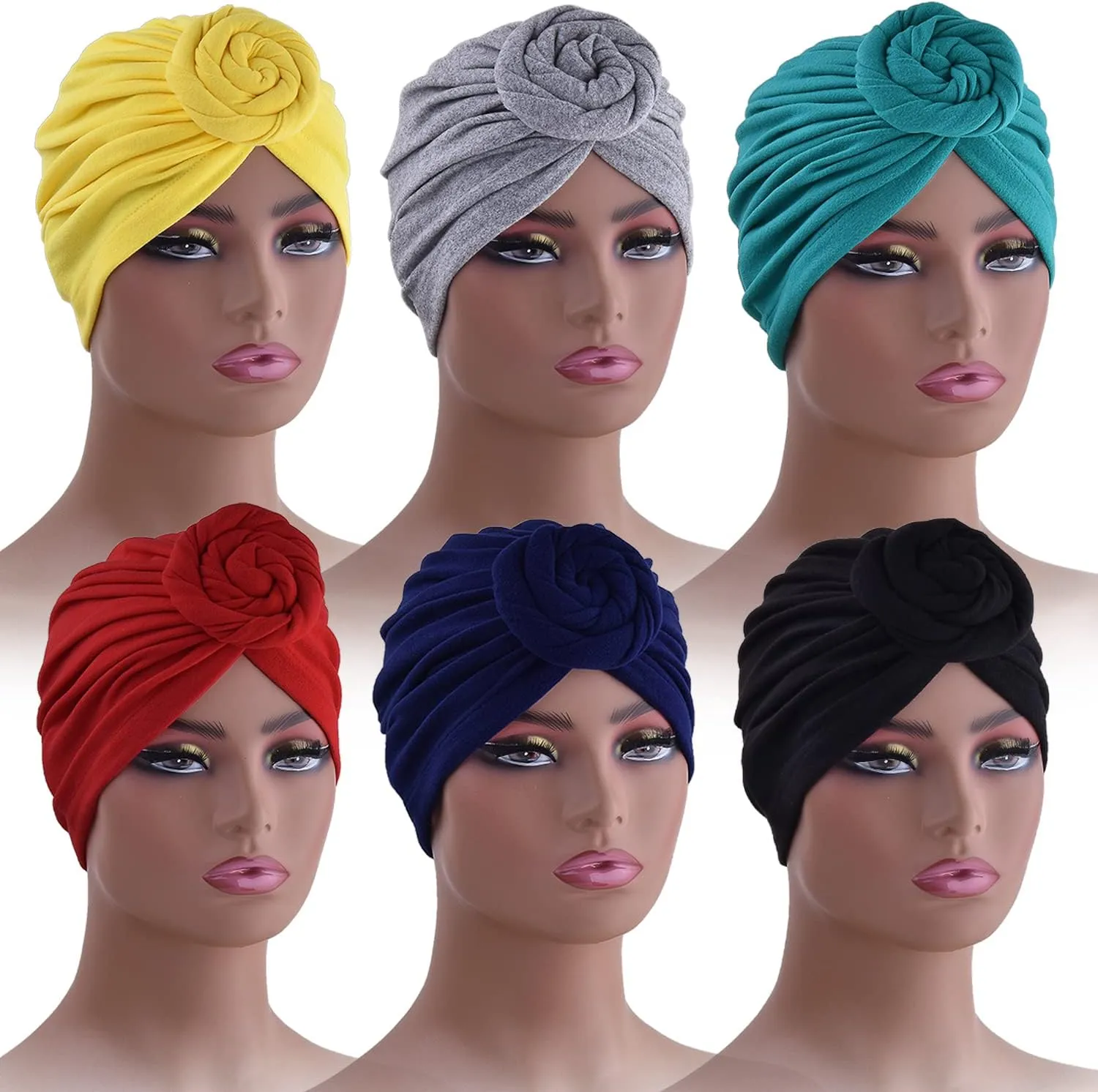 6 Pieces Women Turban Hat Head Wraps for Women Twist Knot Pre-Tied Bonnet Turbans for Women