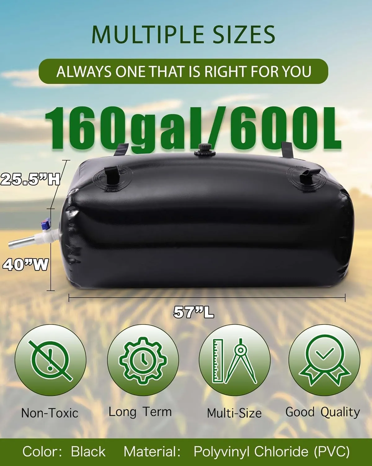 600L/160gal Long Term Water Storage Containers,Emergency Water Storage Bag, Soft Portable Vinyl Bathtub Water Bladder with Valve&Stainless-Steel Outlet-Reliable & Resistant for All Climates