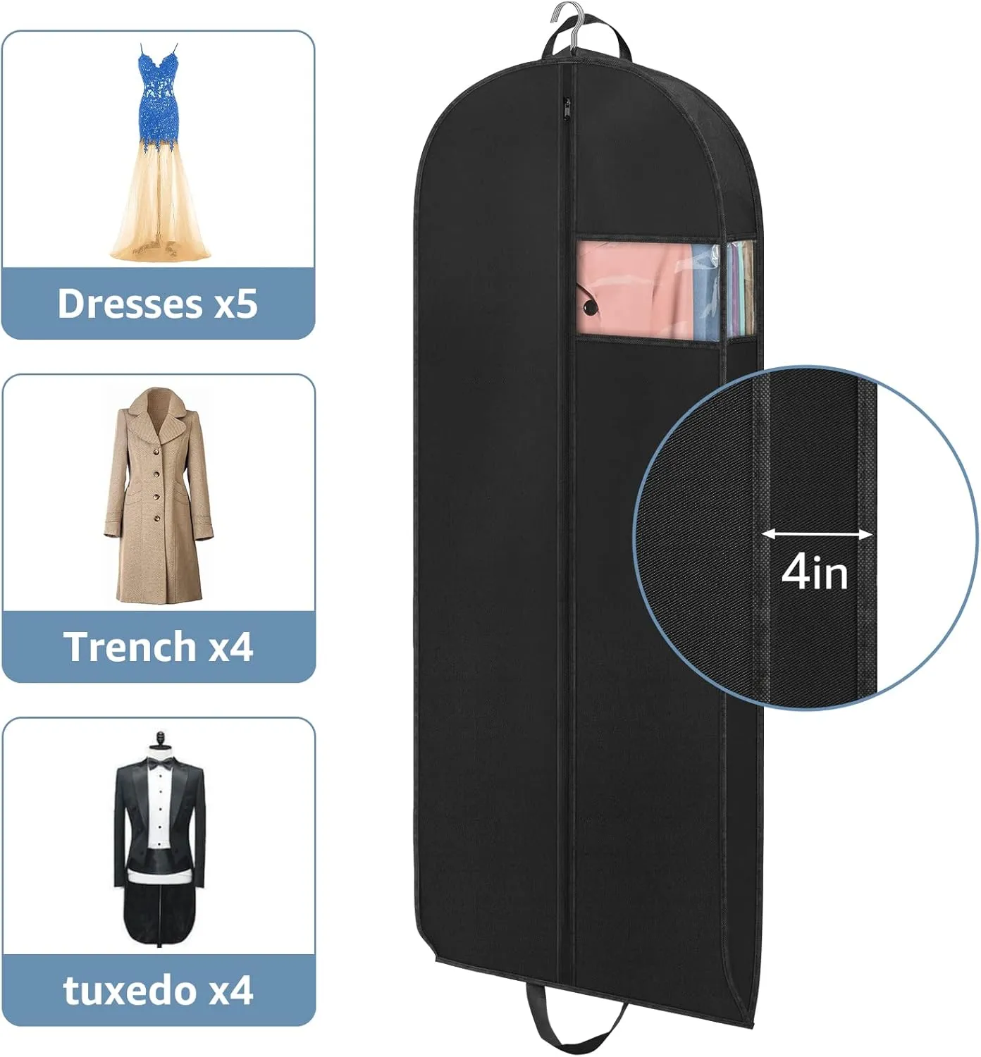 60" Dress Bags for Gowns Long Garment Bags for Travel, 4" Gussetes for Hanging Clothes Closet Storage, Breathable Moth Proof Protector for Fur Coat, Wedding dress, Down Jacket, 3 Packs