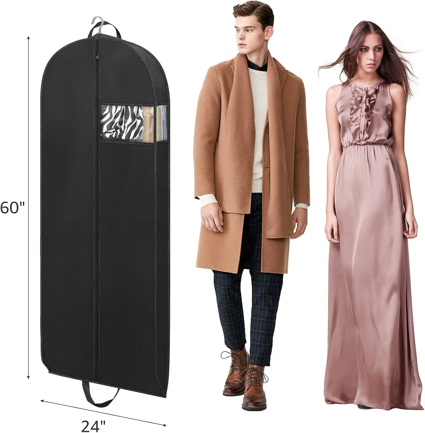 60" Dress Bags for Gowns Long Garment Bags for Travel, 4" Gussetes for Hanging Clothes Closet Storage, Breathable Moth Proof Protector for Fur Coat, Wedding dress, Down Jacket, 3 Packs