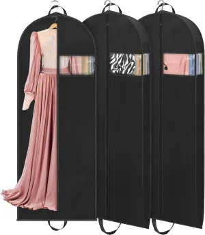 60" Dress Bags for Gowns Long Garment Bags for Travel, 4" Gussetes for Hanging Clothes Closet Storage, Breathable Moth Proof Protector for Fur Coat, Wedding dress, Down Jacket, 3 Packs