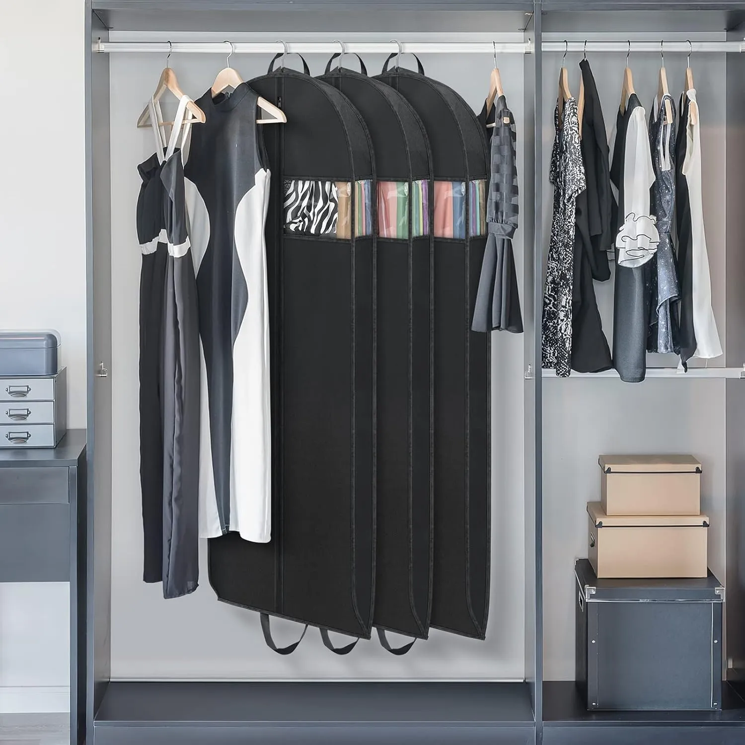 60" Dress Bags for Gowns Long Garment Bags for Travel, 4" Gussetes for Hanging Clothes Closet Storage, Breathable Moth Proof Protector for Fur Coat, Wedding dress, Down Jacket, 3 Packs