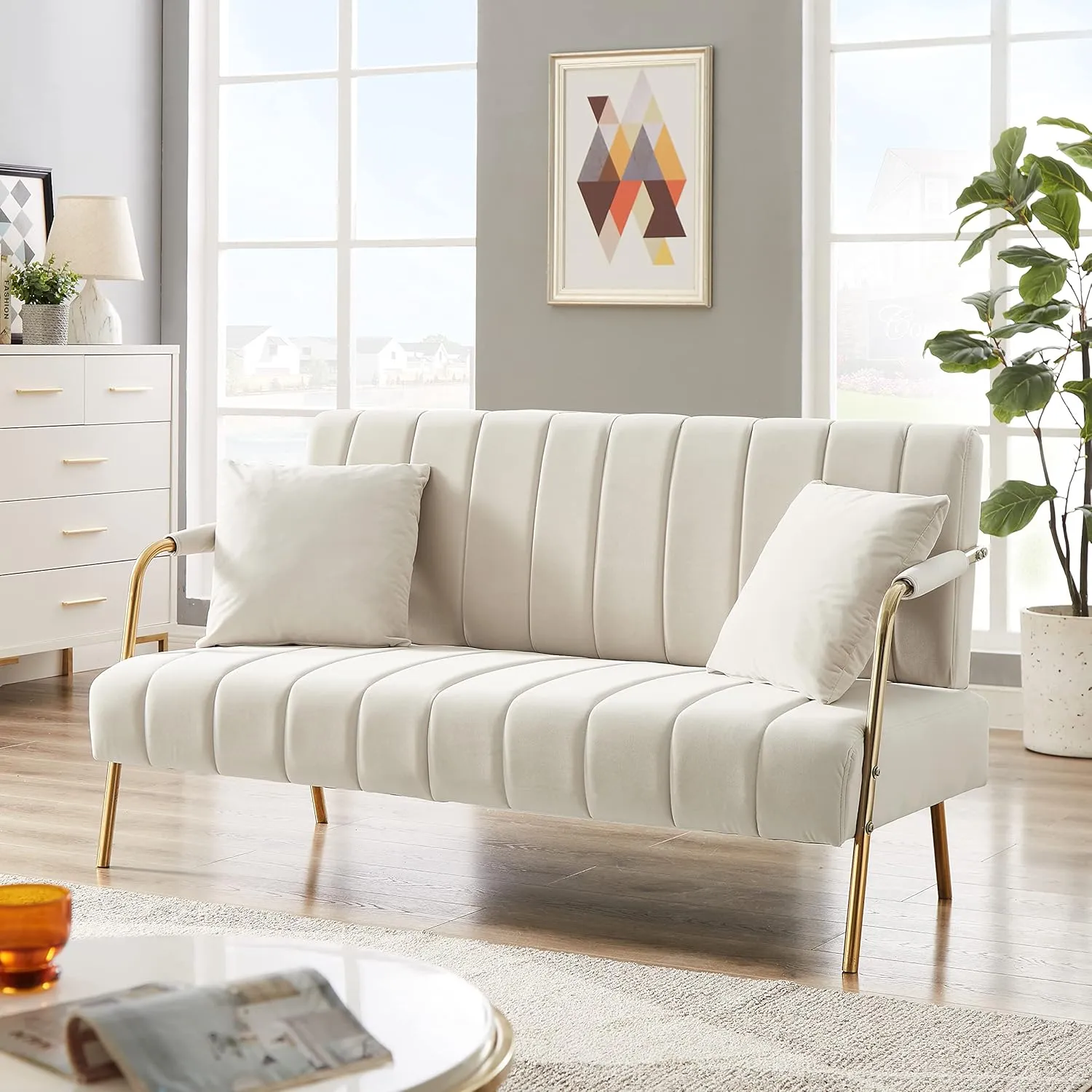 61" Modern Velvet Loveseat Sofa,Upholstery Love Seat Couches with Tufted Backrest,Golden Metal Legs,Accent Sofa for Living Room Bedroom Apartment Office (Beige)