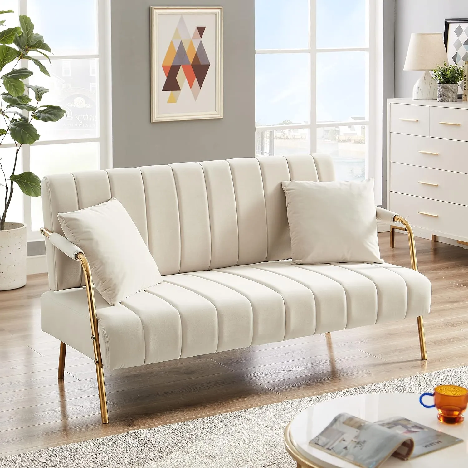 61" Modern Velvet Loveseat Sofa,Upholstery Love Seat Couches with Tufted Backrest,Golden Metal Legs,Accent Sofa for Living Room Bedroom Apartment Office (Beige)