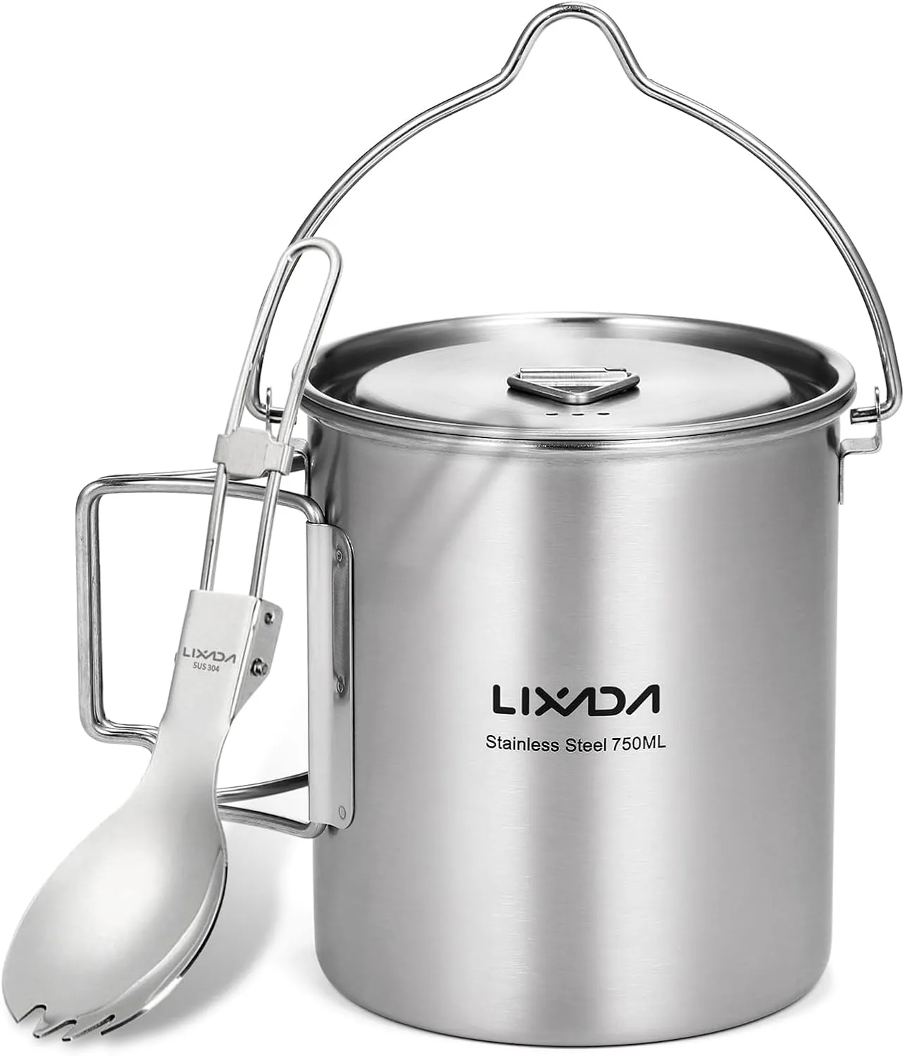 750ml Stainless Steel Pot Portable Water Mug Cup with Lid and Foldable Handle Outdoor Camping Cooking Picnic,Stainless Steel Camping Pot