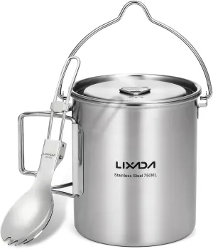 750ml Stainless Steel Pot Portable Water Mug Cup with Lid and Foldable Handle Outdoor Camping Cooking Picnic,Stainless Steel Camping Pot
