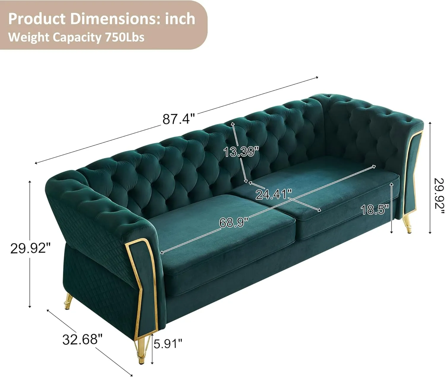 87.4" Velvet Sofa Couch, Mid-Century Modern Chesterfield Loveseat Classic Button Tufted 2 Seater Couch with Golden Legs for Living Room Office Bedroom (Emerald)