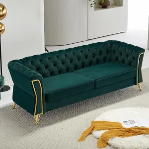 87.4" Velvet Sofa Couch, Mid-Century Modern Chesterfield Loveseat Classic Button Tufted 2 Seater Couch with Golden Legs for Living Room Office Bedroom (Emerald)