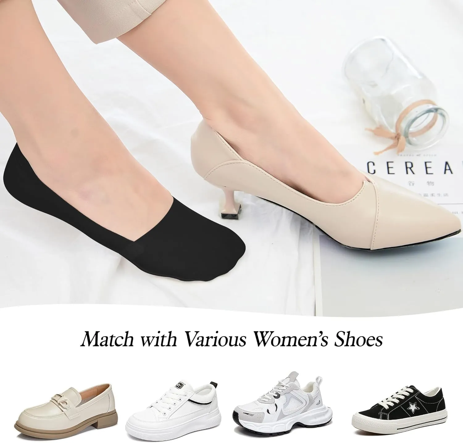9 Pairs Thin No Show Socks Womens Summer Low Cut Liner Non Slip Invisible Socks Black, White, and Beige