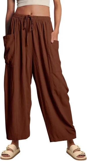 ABAFIP Women's Linen Palazzo Pants Summer Drawstring High Waisted Wide Leg Baggy Harem Pants with Pockets